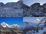 Rolwaling 07 03 Climbing Steep Rocks To Drolambau Glacier, Looking Back To Chugimago, On Side Of Drolambau Glacier With Tengi Ragi Tau A brutal day over the Tashi (Tesi) Lapcha Pass, but certainly the highlight of the trek. The trail quickly left the Trakarding Glacier and climbed steeply over some scary rocks to reach the Drolambau Glacier in 85 minutes. The climbing Sherpa Palden had to hold my hand through some of the trickier sections. Lower left: Chugimago shines in the early morning sun from the trail on the side of the Drolambau Glacier. Lower right: The porters trek along side the Drolambau Glacier with Tengi Ragi Tau beyond.